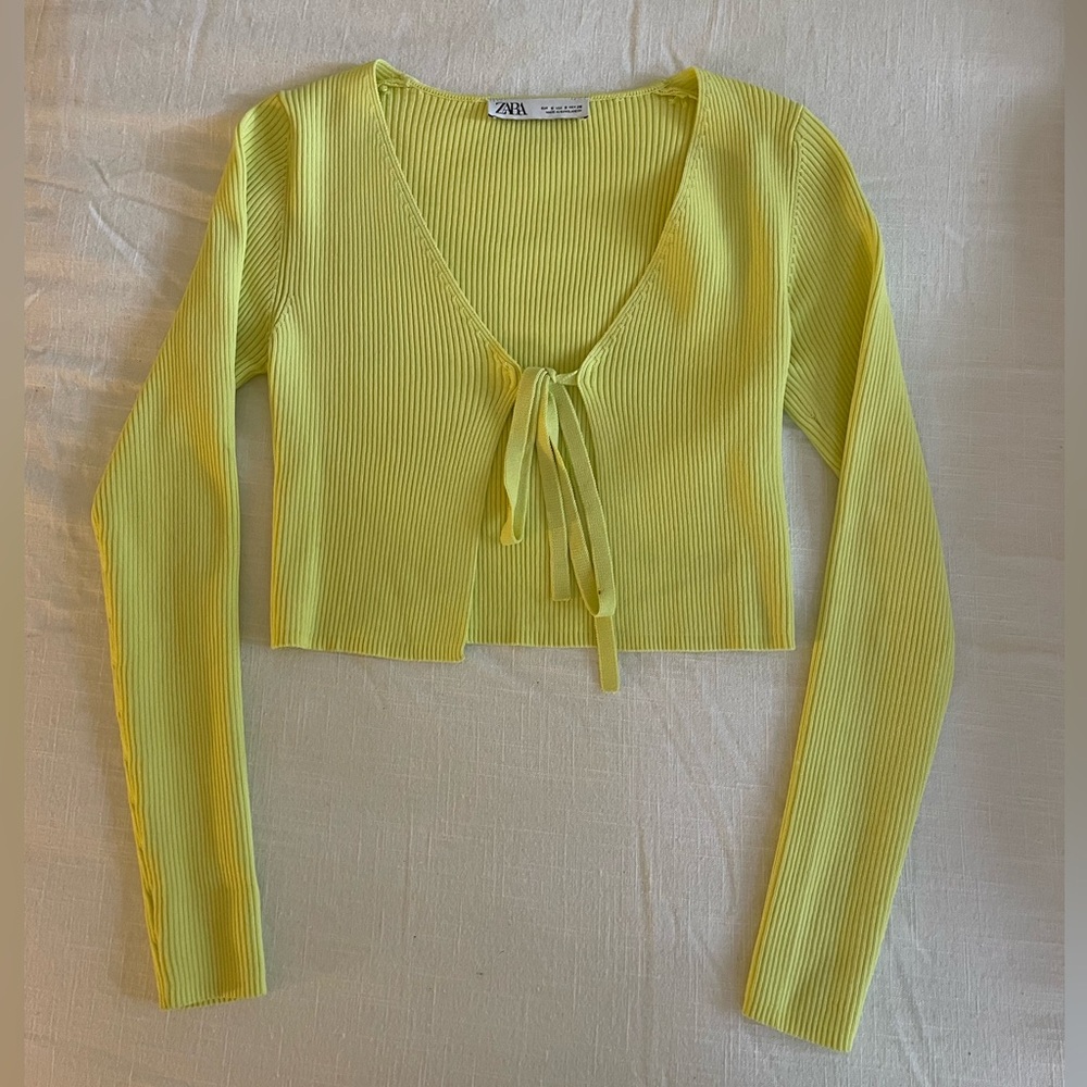 Zara Lime Green long sleeve crop tie shirt, size S